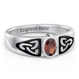 Men's Trinity Knot Ring With Oval Stone in 925 Sterling Silver with Garnet