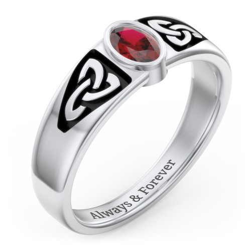 Men's Trinity Knot Ring With Oval Stone – 10K White Gold with Garnet