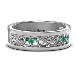 Men's Two-Stone Interwoven Infinity Band in 925 Sterling Silver with Emerald