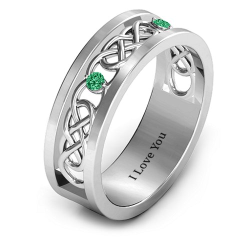 Men's Two-Stone Interwoven Infinity Band – Sterling Silver with Emerald
