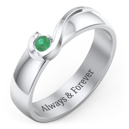 Men's Half Heart Ring with Birthstone – Sterling Silver with Emerald