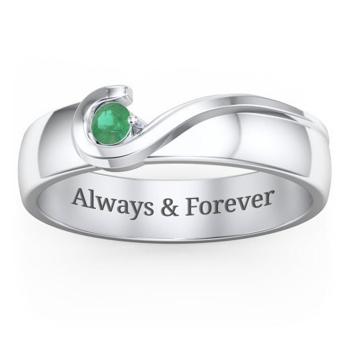 Men's Half Heart Ring with Birthstone – Sterling Silver with Emerald