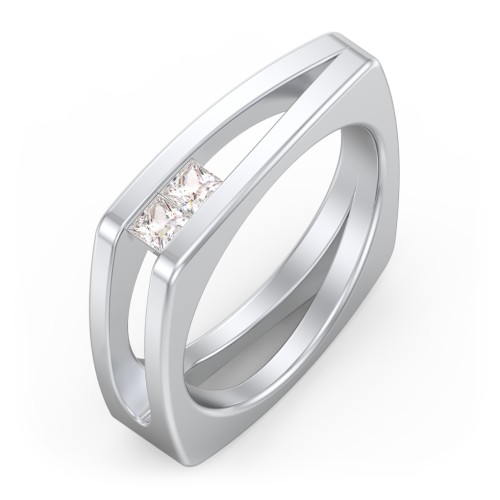 Men’s Squared Split Shank Ring with Princess Cut Gemstones – Sterling Silver with Cubic Zirconia