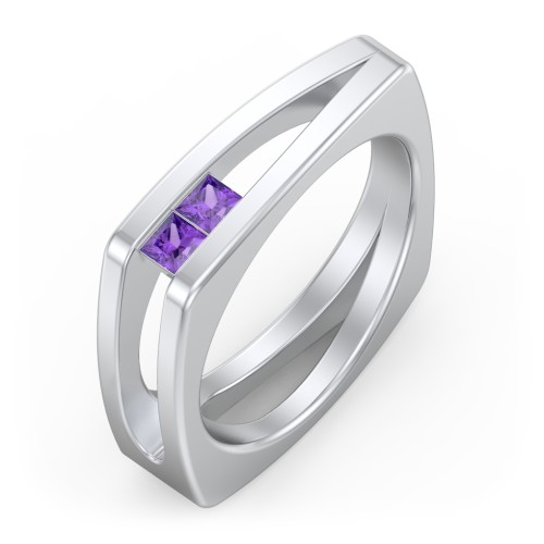 Men’s Squared Split Shank Ring with Princess Cut Gemstones – Sterling Silver with Amethyst