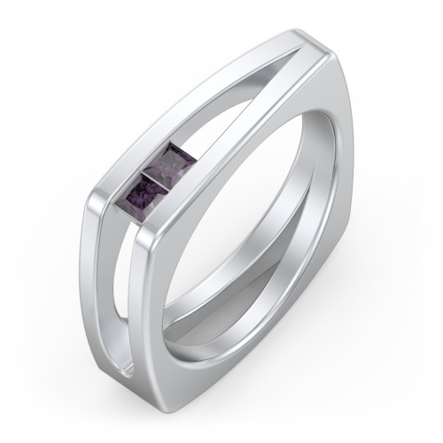 Men’s Squared Split Shank Ring with Princess Cut Gemstones – Sterling Silver with Alexandrite