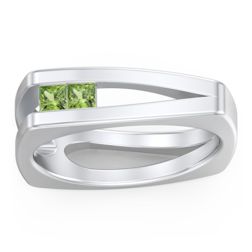 Men’s Squared Split Shank Ring with Princess Cut Gemstones – Sterling Silver with Peridot