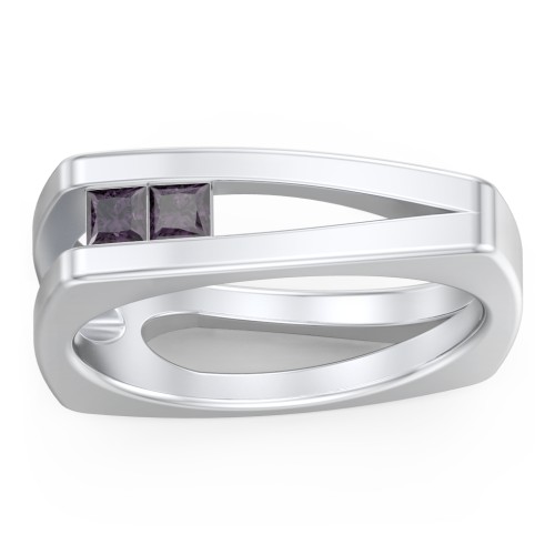 Men’s Squared Split Shank Ring with Princess Cut Gemstones – Sterling Silver with Alexandrite