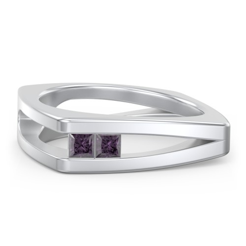 Men’s Squared Split Shank Ring with Princess Cut Gemstones – Sterling Silver with Alexandrite