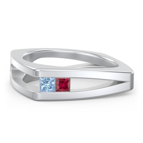 Men’s Squared Split Shank Ring with Princess Cut Gemstones – Sterling Silver with Blue Topaz and Ruby