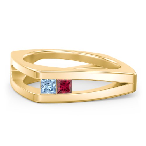 Men’s Squared Split Shank Ring with Princess Cut Gemstones – 10K Yellow Gold with Blue Topaz and Ruby