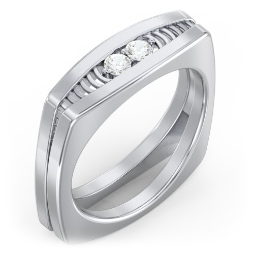 Men’s Squared Ring with Gemstones – Sterling Silver with Cubic Zirconia