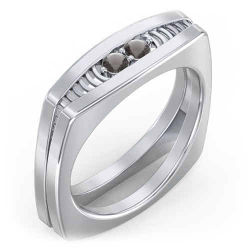 Men’s Squared Ring with Gemstones – Sterling Silver with Smokey Quartz