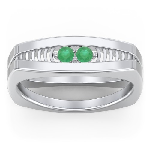 Men’s Squared Ring with Gemstones – Sterling Silver with Emerald