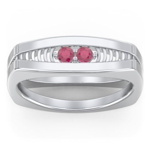 Men’s Squared Ring with Gemstones – Sterling Silver with Ruby
