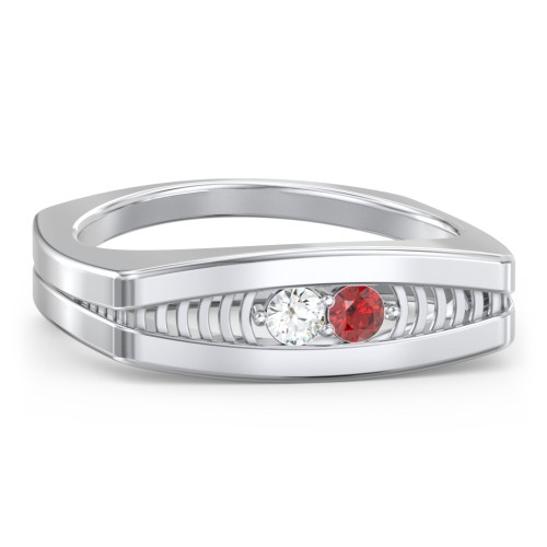 Men’s Squared Ring with Gemstones – Sterling Silver with Cubic Zirconia and Garnet