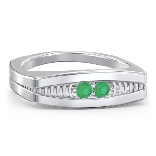 Men’s Squared Ring with Gemstones – Sterling Silver with Emerald