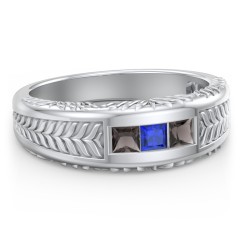 Men’s Wheat Pattern Ring with Princess Cut Gemstones – 10K White Gold with Smokey Quartz and Blue Sapphire