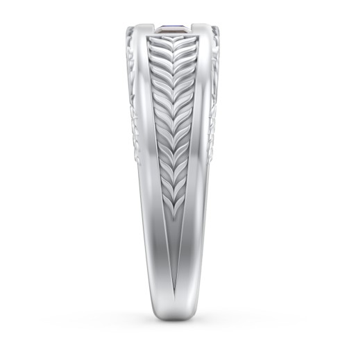 Men’s Wheat Pattern Ring with Princess Cut Gemstones – 10K White Gold with Smokey Quartz and Blue Sapphire
