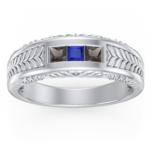 Men’s Wheat Pattern Ring with Princess Cut Gemstones – 10K White Gold with Smokey Quartz and Blue Sapphire