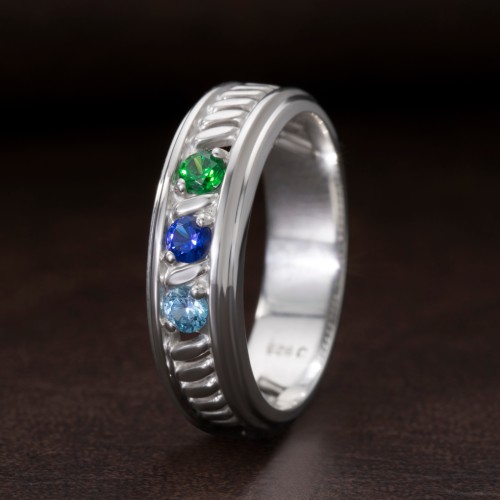 Men’s 3-Stone Ring with Twisted Rope Pattern – Sterling Silver with Garnet and Smokey Quartz