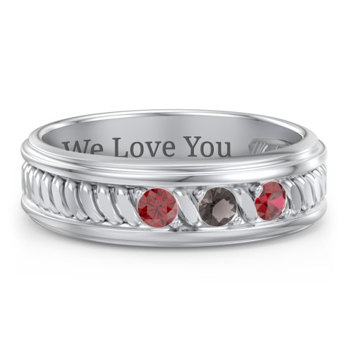Men’s 3-Stone Ring with Twisted Rope Pattern – Sterling Silver with Garnet and Smokey Quartz