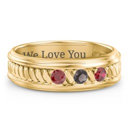 Men’s 3-Stone Ring with Twisted Rope Pattern in 10K Solid Yellow Gold with Garnet and Smokey Quartz