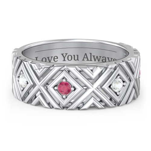 Men’s Grooved Geometric Birthstone Ring – 10K White Gold with Cubic Zirconia and Ruby