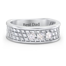 Men’s Diagonal Groove 3-Stone Family Ring in 925 Sterling Silver