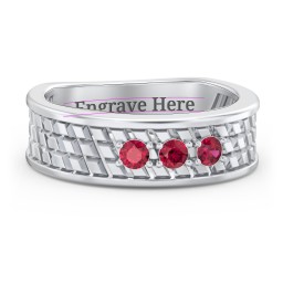 Men’s Diagonal Groove 3-Stone Family Ring in 925 Sterling Silver with Ruby