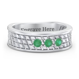 Men’s Diagonal Groove 3-Stone Family Ring in 925 Sterling Silver with Emerald