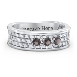 Men’s Diagonal Groove 3-Stone Family Ring in 925 Sterling Silver with Smokey Quartz