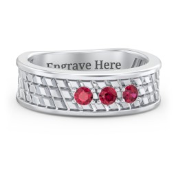 Men’s Diagonal Groove 3-Stone Family Ring in 925 Sterling Silver with Ruby