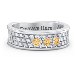 Men’s Diagonal Groove 3-Stone Family Ring in 925 Sterling Silver with Citrine