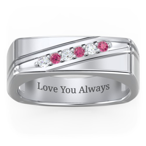 Men’s Flat Top Family Ring with Gemstones – Sterling Silver with Cubic Zirconia and Ruby