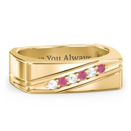 Men’s Flat Top Family Ring with Gemstones in 10K Solid Yellow Gold with Cubic Zirconia and Ruby
