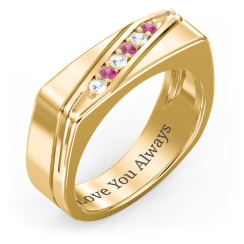 Men’s Flat Top Family Ring with Gemstones – 10K Yellow Gold with Cubic Zirconia and Ruby
