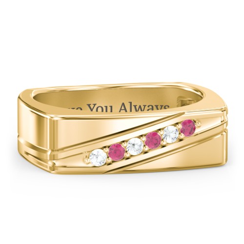Men’s Flat Top Family Ring with Gemstones – 10K Yellow Gold with Cubic Zirconia and Ruby