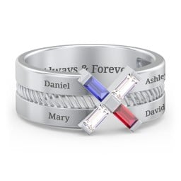 Men’s Engravable “X” Family Ring with Baguette Gemstones