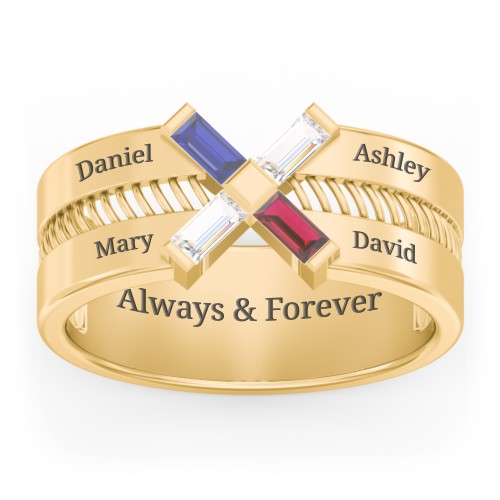 Men’s Engravable “X” Family Ring with Baguette Gemstones