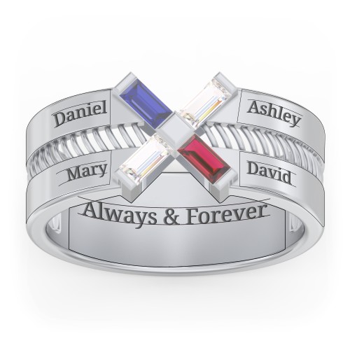 Men’s Engravable “X” Family Ring with Baguette Gemstones