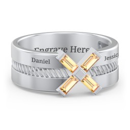 Men’s Engravable “X” Family Ring with Baguette Gemstones in 925 Sterling Silver with Citrine