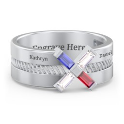 Men’s Engravable “X” Family Ring with Baguette Gemstones in 925 Sterling Silver with Blue Sapphire, Cubic Zirconia, and Garnet