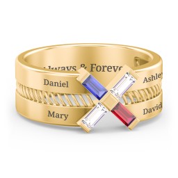 Men’s Engravable “X” Family Ring with Baguette Gemstones in 10K Solid Yellow Gold with Blue Sapphire, Cubic Zirconia, and Garnet