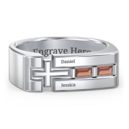 Men’s Squared Cross Ring with Baguette Gemstones in 925 Sterling Silver with Garnet