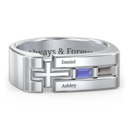 Men’s Squared Cross Ring with Baguette Gemstones in 925 Sterling Silver with Blue Sapphire and Smokey Quartz