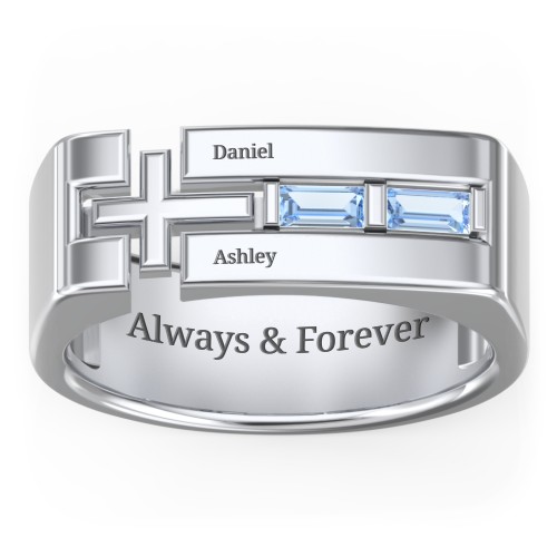 Men’s Squared Cross Ring with Baguette Gemstones – Sterling Silver with Blue Topaz