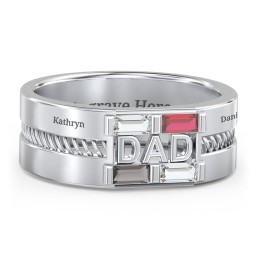 Men’s “Dad” Ring with Baguette Cut Gemstones in 925 Sterling Silver with Cubic Zirconia, Garnet, and Smokey Quartz