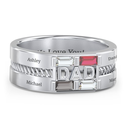 Men’s “Dad” Ring with Baguette Cut Gemstones – Sterling Silver with Cubic Zirconia, Garnet, and Smokey Quartz