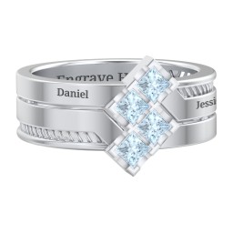 Men’s Family Ring with Princess Cut Stones in 925 Sterling Silver with Aquamarine