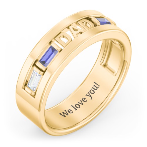 Men’s “Dad” Family Ring with Baguette Birthstones – 10K Yellow Gold with Diamond, Blue Sapphire, and Cubic Zirconia